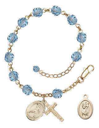 Adjustable 14 Karat Gold-Filled 6mm Austrian Crystal Saint Christopher/Football Rosary Bracelet in Aqua