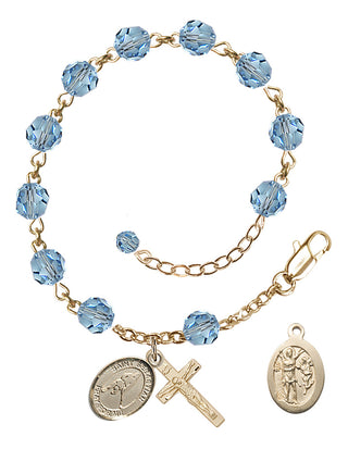 Adjustable 14 Karat Gold-Filled 6mm Austrian Crystal Saint Sebastian/Ice Hockey Rosary Bracelet in Aqua