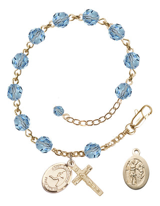 Adjustable 14 Karat Gold-Filled 6mm Austrian Crystal Saint Sebastian/Track & Field Rosary Bracelet in Aqua