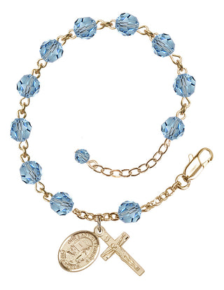 14kt Gold-Filled 6mm Austrian Crystal Our Lady of Lourdes Rosary Bracelet in Aqua Engraved Catholic Saint Jewelry