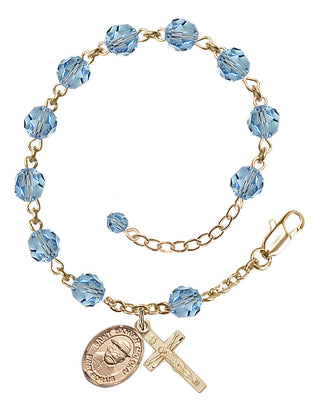 14kt Gold-Filled 6mm Austrian Crystal Saint Damien of Molokai Rosary Bracelet in Aqua Engraved Catholic Saint Jewelry