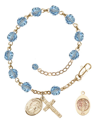 14kt Gold 6mm Austrian Crystal St. Benedict Rosary Bracelet in Aqua | Engravable