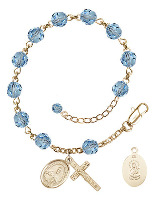 14kt Gold 6mm Austrian Crystal Scapular Rosary Bracelet in Aqua Engraved Catholic Saint Jewelry