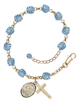 14kt Gold 6mm Austrian Crystal Saint Cecilia / Marching Band Rosary Bracelet in Aqua Engraved Catholic Saint Jewelry