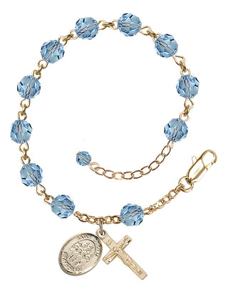 14kt Gold 6mm Austrian Crystal Saint Cecilia / Choir Rosary Bracelet in Aqua Engraved Catholic Saint Jewelry