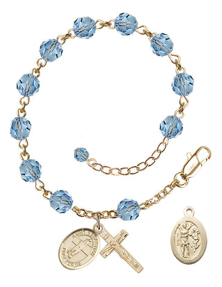 Adjustable 14 Karat Gold 6mm Austrian Crystal Saint Sebastian / Volleyball Rosary Bracelet in Aqua