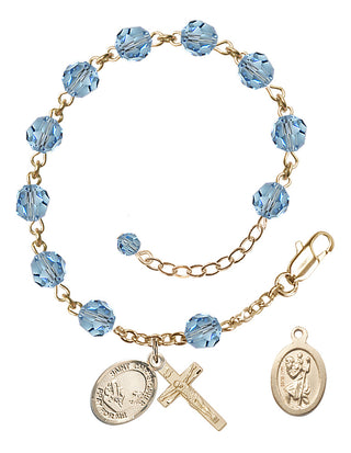Adjustable 14 Karat Gold 6mm Austrian Crystal Saint Christopher / Fishing Rosary Bracelet in Aqua