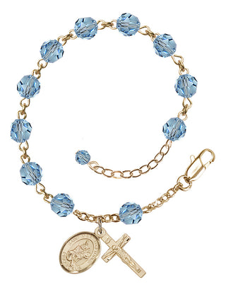 14kt Gold 6mm Austrian Crystal Saint Martin of Tours Rosary Bracelet in Aqua Engraved Catholic Saint Jewelry