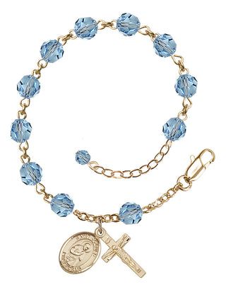 14kt Gold 6mm Austrian Crystal Saint Isaac Jogues Rosary Bracelet in Aqua Engraved Catholic Saint Jewelry