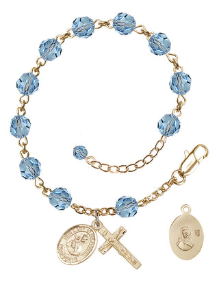 Adjustable 14 Karat Gold 6mm Austrian Crystal Our Lady of Mount Carmel Rosary Bracelet in Aqua