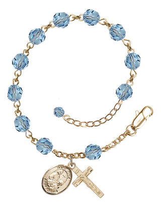 14kt Gold 6mm Austrian Crystal Saint Fina Rosary Bracelet in Aqua Engraved Catholic Saint Jewelry