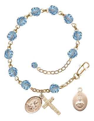 Adjustable 14 Karat Gold 6mm Austrian Crystal Our Lady of Czestochowa Rosary Bracelet in Aqua