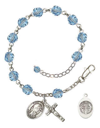 Sterling Silver 6mm Austrian Crystal St. Benedict Rosary Bracelet in Aqua | Engravable