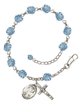 Sterling Silver 6mm Austrian Crystal Saint Elmo Rosary Bracelet in Aqua Engraved Catholic Saint Jewelry