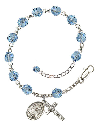 Sterling Silver 6mm Austrian Crystal Saint Lawrence Rosary Bracelet in Aqua Engraved Catholic Saint Jewelry