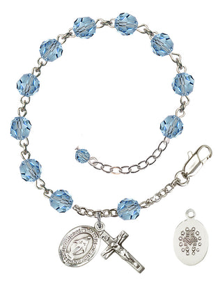 Sterling Silver 6mm Austrian Crystal Miraculous Rosary Bracelet in Aqua Engraved Catholic Saint Jewelry