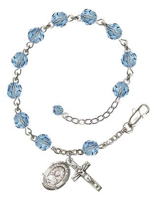 Sterling Silver 6mm Austrian Crystal Our Lady of la Vang Rosary Bracelet in Aqua Engraved Catholic Saint Jewelry