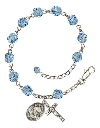 Sterling Silver 6mm Austrian Crystal Saint Vincent de Paul Rosary Bracelet in Aqua Engraved Catholic Saint Jewelry