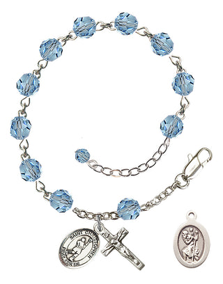 Adjustable Sterling Silver 6mm Austrian Crystal Saint Christopher/Lacrosse Rosary Bracelet in Aqua