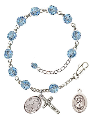 Adjustable Sterling Silver 6mm Austrian Crystal Saint Christopher/Softball Rosary Bracelet in Aqua