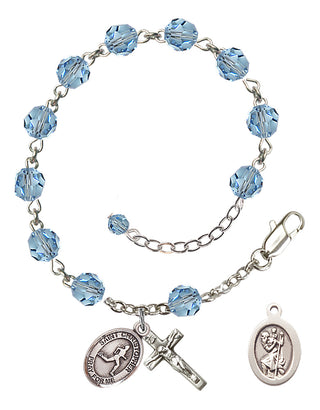 Sterling Silver 6mm Austrian Crystal Saint Christopher/Track & Field Rosary Bracelet in Aqua Engraved Catholic Saint Jewelry