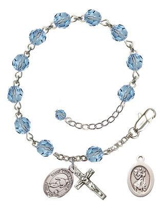 Adjustable Sterling Silver 6mm Austrian Crystal Saint Christopher/Soccer Rosary Bracelet in Aqua