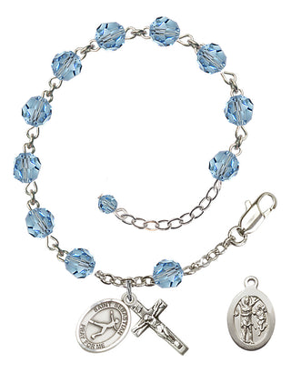 Adjustable Sterling Silver 6mm Austrian Crystal Saint Sebastian/Figure Skating Rosary Bracelet in Aqua