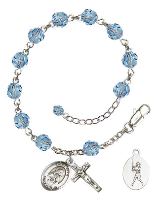 Adjustable Sterling Silver 6mm Austrian Crystal Saint Rita / Baseball Rosary Bracelet in Aqua