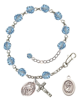 Adjustable Sterling Silver 6mm Austrian Crystal Saint Christopher/Surfing Rosary Bracelet in Aqua