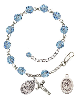 Adjustable Sterling Silver 6mm Austrian Crystal Saint Christopher/Motorcycle Rosary Bracelet in Aqua
