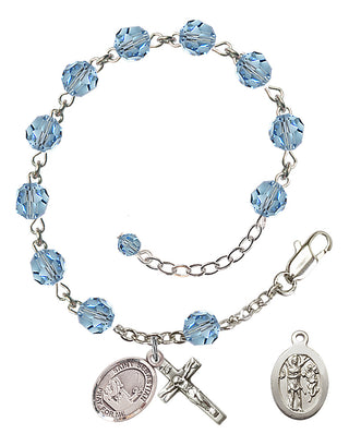 Adjustable Sterling Silver 6mm Austrian Crystal Saint Sebastian / Fishing Rosary Bracelet in Aqua