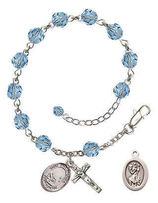 Adjustable Sterling Silver 6mm Austrian Crystal Saint Christopher / Fishing Rosary Bracelet in Aqua