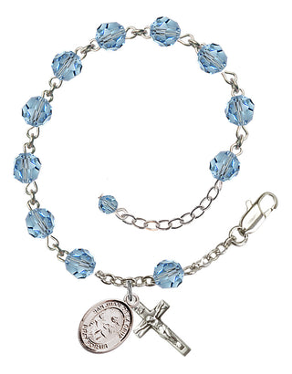 Sterling Silver 6mm Austrian Crystal San Juan de la Cruz Rosary Bracelet in Aqua Engraved Catholic Saint Jewelry