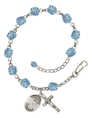 Sterling Silver 6mm Austrian Crystal Saint Grace Rosary Bracelet in Aqua Engraved Catholic Saint Jewelry