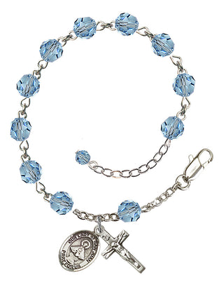 Sterling Silver 6mm Austrian Crystal Our Lady of San Juan Rosary Bracelet in Aqua Engraved Catholic Saint Jewelry