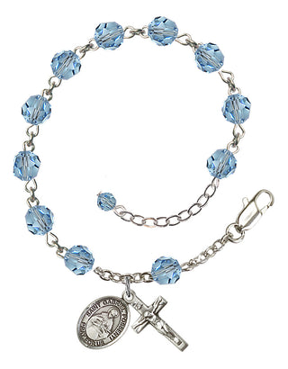 Sterling Silver 6mm Austrian Crystal Saint Gabriel Possenti Rosary Bracelet in Aqua Engraved Catholic Saint Jewelry
