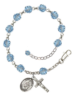 Sterling Silver 6mm Austrian Crystal Saint Angela Merici Rosary Bracelet in Aqua Engraved Catholic Saint Jewelry
