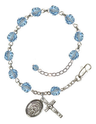 Sterling Silver 6mm Austrian Crystal Saint Deborah Rosary Bracelet in Aqua Engraved Catholic Saint Jewelry