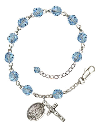 Sterling Silver 6mm Austrian Crystal Our Lady of Victory Rosary Bracelet in Aqua Engraved Catholic Saint Jewelry