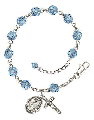 Sterling Silver 6mm Austrian Crystal Saint Elizabeth of the Visitation Rosary Bracelet in Aqua Engraved Catholic Saint Jewelry