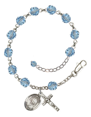 Sterling Silver 6mm Austrian Crystal Saint Gianna Beretta Molla Rosary Bracelet in Aqua Engraved Catholic Saint Jewelry
