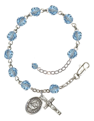 Sterling Silver 6mm Austrian Crystal Saint Catherine of Sweden Rosary Bracelet in Aqua Engraved Catholic Saint Jewelry