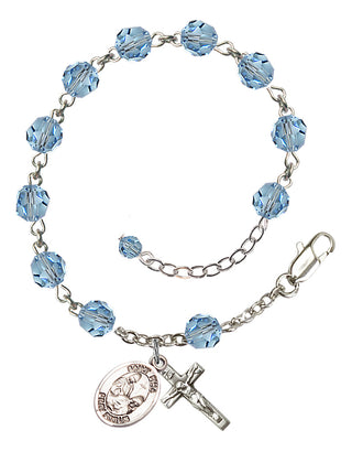 Sterling Silver 6mm Austrian Crystal Saint Fina Rosary Bracelet in Aqua Engraved Catholic Saint Jewelry