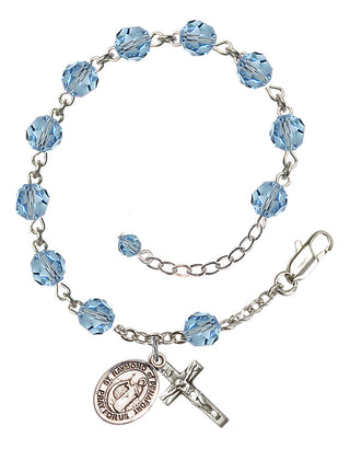 Sterling Silver 6mm Austrian Crystal Saint Raymond of Penafort Rosary Bracelet in Aqua Engraved Catholic Saint Jewelry