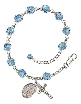 Sterling Silver 6mm Austrian Crystal Our Lady of Assumption Rosary Bracelet in Aqua Engraved Catholic Saint Jewelry