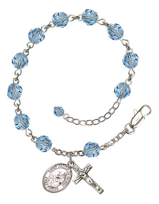 Sterling Silver 6mm Austrian Crystal Saint Jacob of Nisibis Rosary Bracelet in Aqua Engraved Catholic Saint Jewelry