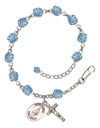 Sterling Silver 6mm Austrian Crystal Saint Eligius Rosary Bracelet in Aqua Engraved Catholic Saint Jewelry