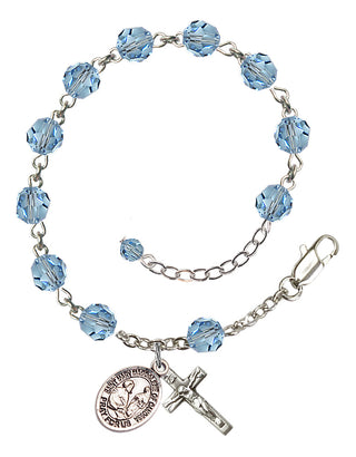 Sterling Silver 6mm Austrian Crystal Saint Mary Magdalene of Canossa Rosary Bracelet in Aqua Engraved Catholic Saint Jewelry