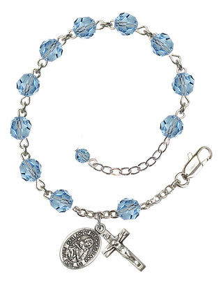 Sterling Silver 6mm Austrian Crystal Our Lady of Precious Blood Rosary Bracelet in Aqua Engraved Catholic Saint Jewelry