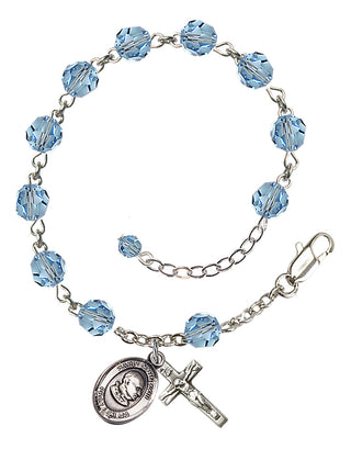 Sterling Silver 6mm Austrian Crystal Saint John XXIII Rosary Bracelet in Aqua Engraved Catholic Saint Jewelry